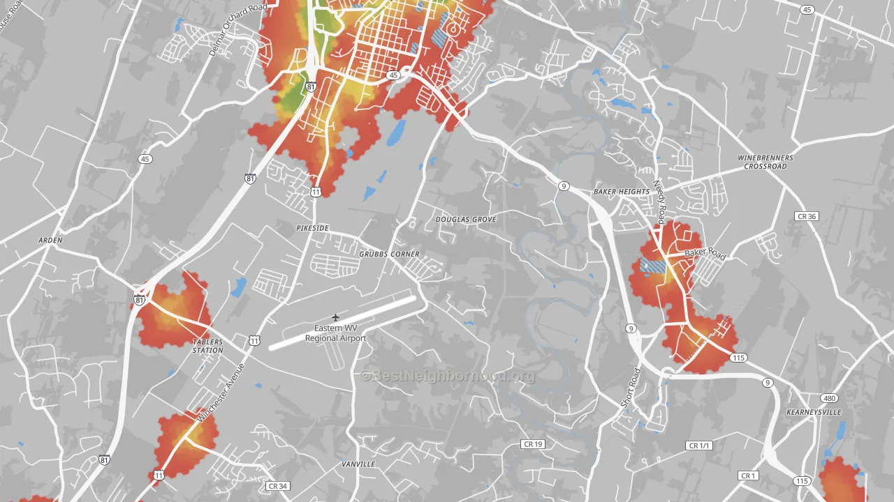Walk Grade map of 25405, WV, walkable areas in green and car-dependent areas in red