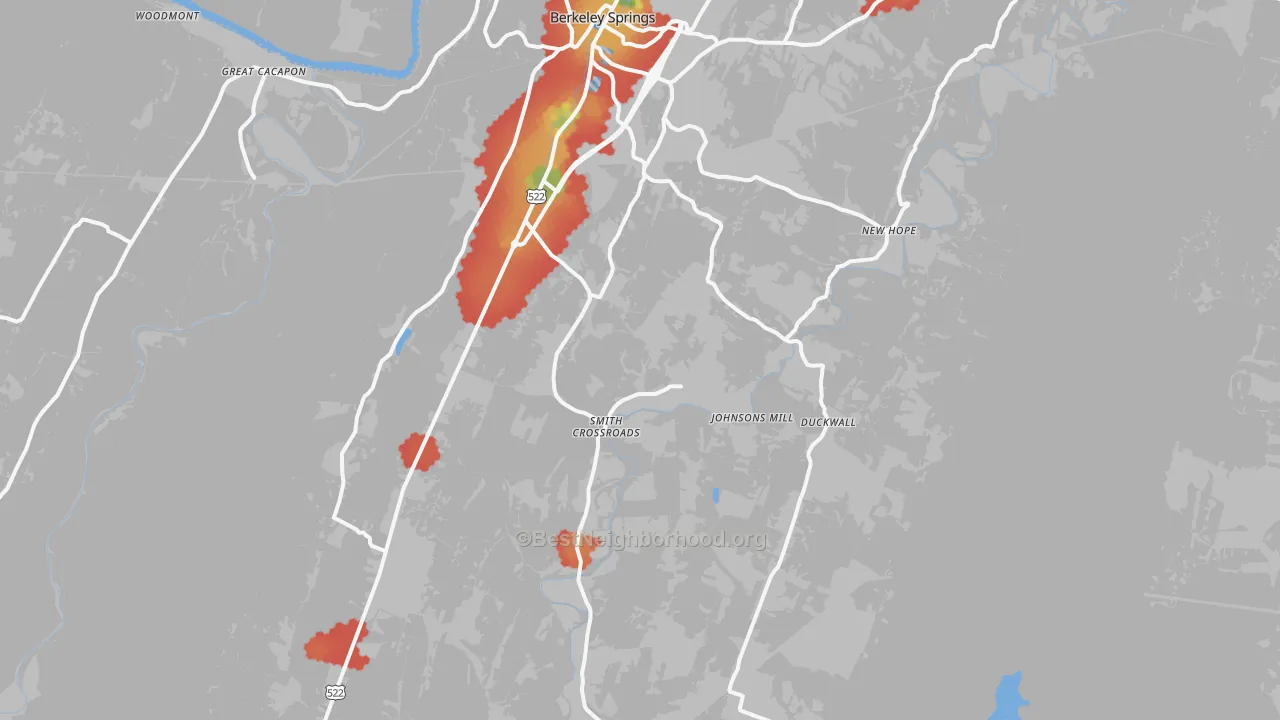 Walk Grade map of 25411, WV, walkable areas in green and car-dependent areas in red