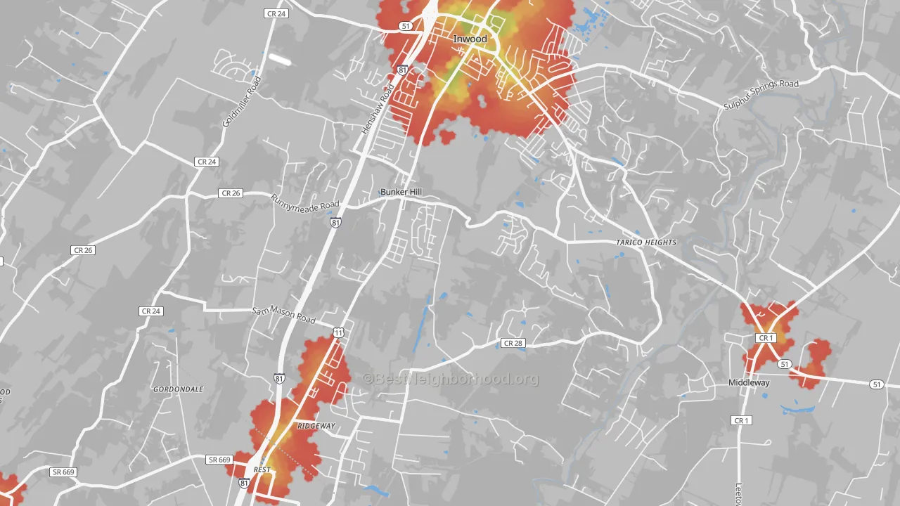 Walk Grade map of 25413, WV, walkable areas in green and car-dependent areas in red
