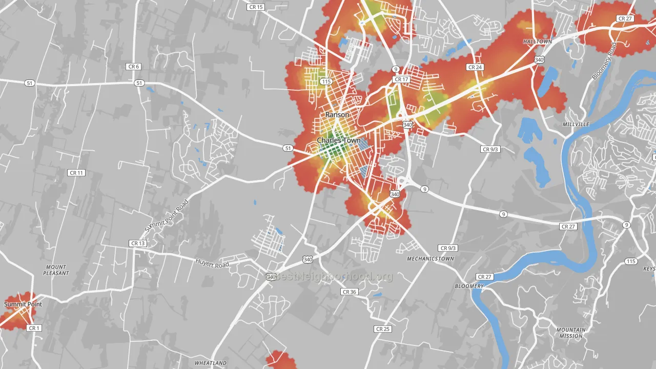 Walk Grade map of 25414, WV, walkable areas in green and car-dependent areas in red