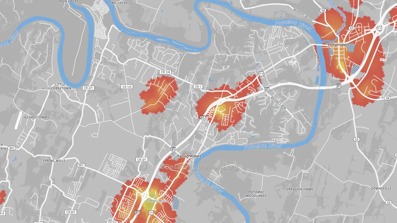 Walk Grade map of 25419, WV, walkable areas in green and car-dependent areas in red