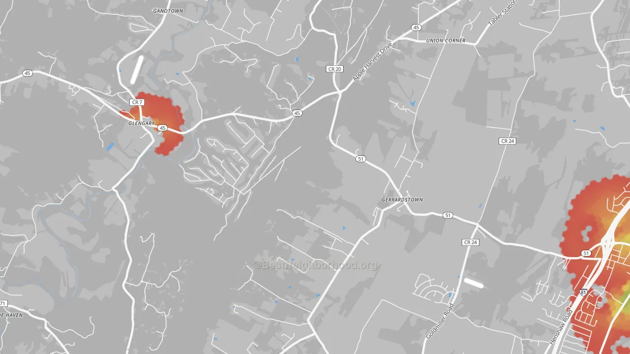 Walk Grade map of 25420, WV, walkable areas in green and car-dependent areas in red