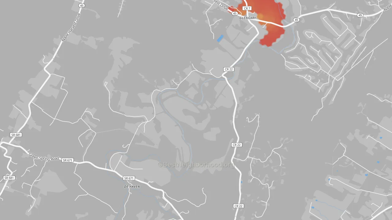 Walk Grade map of 25421, WV, walkable areas in green and car-dependent areas in red