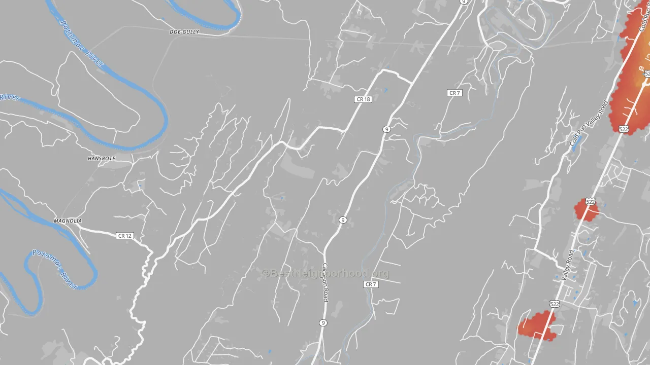 Walk Grade map of 25422, WV, walkable areas in green and car-dependent areas in red