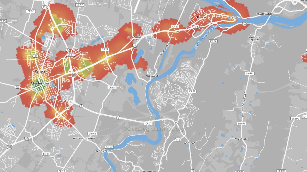 Walk Grade map of 25425, WV, walkable areas in green and car-dependent areas in red