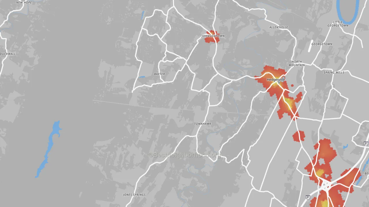 Walk Grade map of 25427, WV, walkable areas in green and car-dependent areas in red