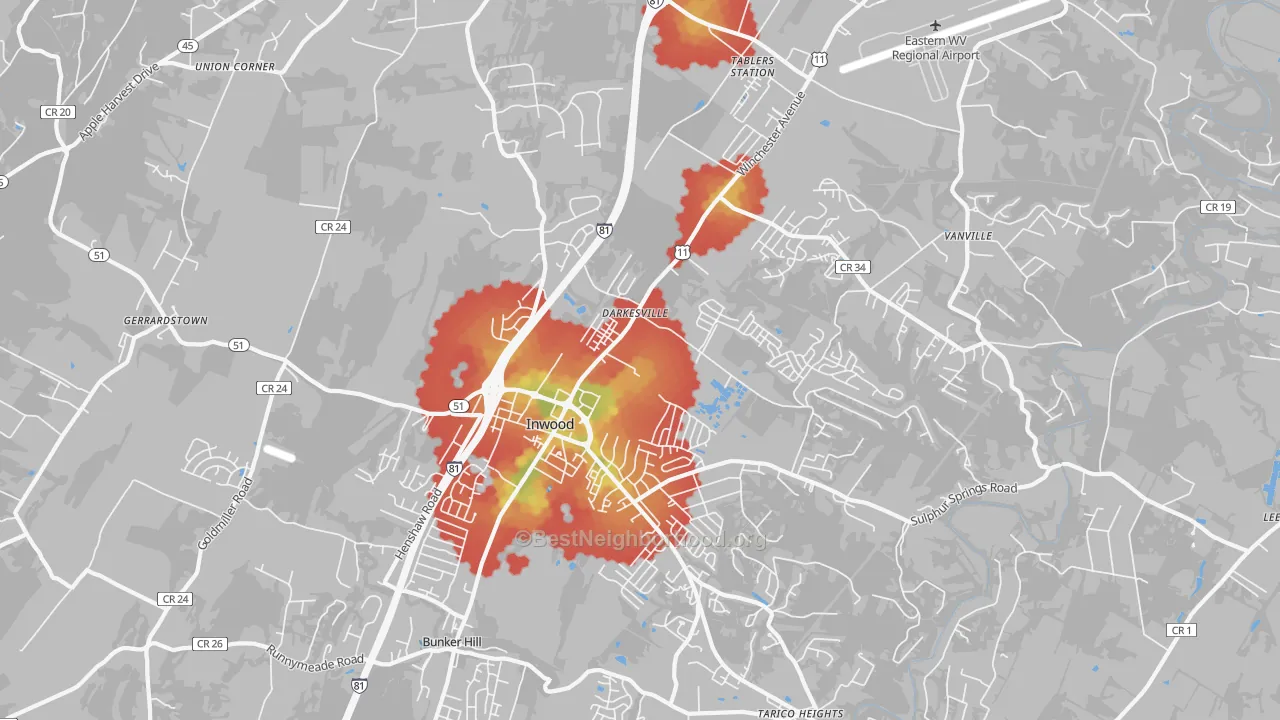 Walk Grade map of 25428, WV, walkable areas in green and car-dependent areas in red