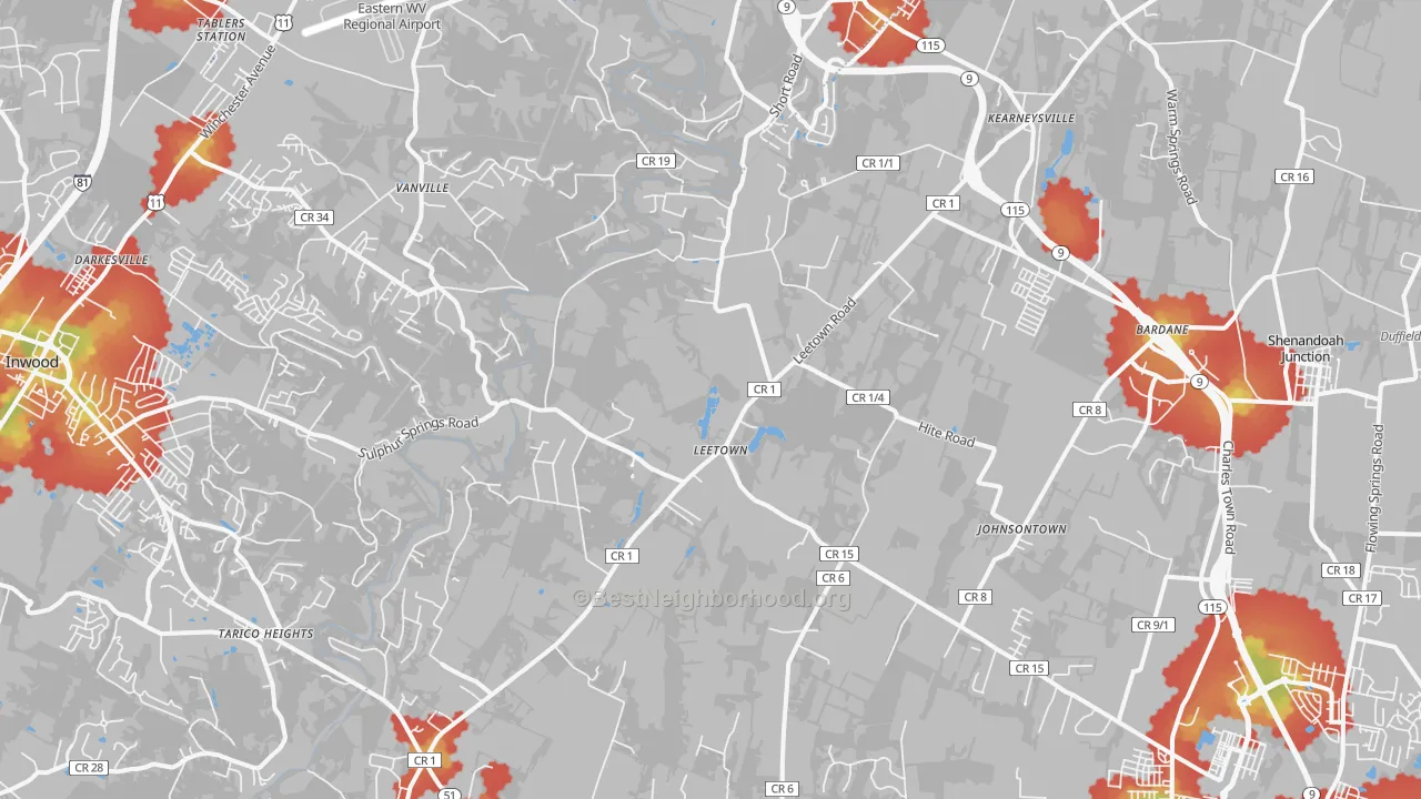 Walk Grade map of 25430, WV, walkable areas in green and car-dependent areas in red