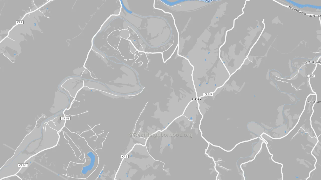 Walk Grade map of 25431, WV, walkable areas in green and car-dependent areas in red