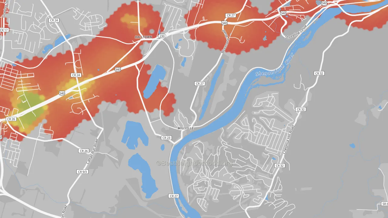 Walk Grade map of 25432, WV, walkable areas in green and car-dependent areas in red