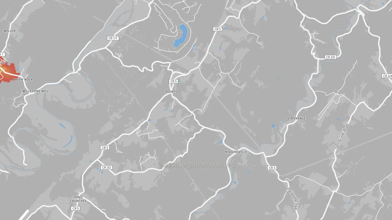 Walk Grade map of 25437, WV, walkable areas in green and car-dependent areas in red