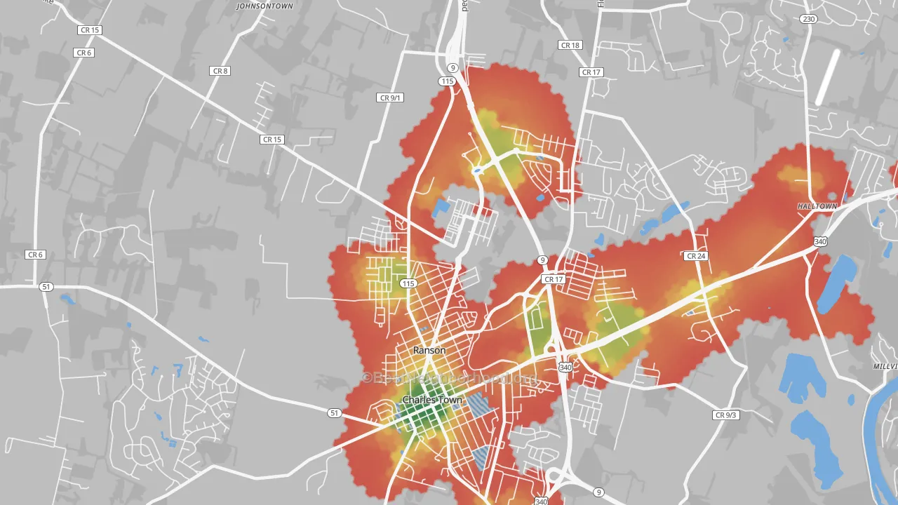 Walk Grade map of 25438, WV, walkable areas in green and car-dependent areas in red