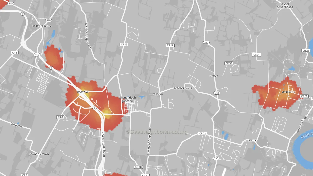 Walk Grade map of 25442, WV, walkable areas in green and car-dependent areas in red