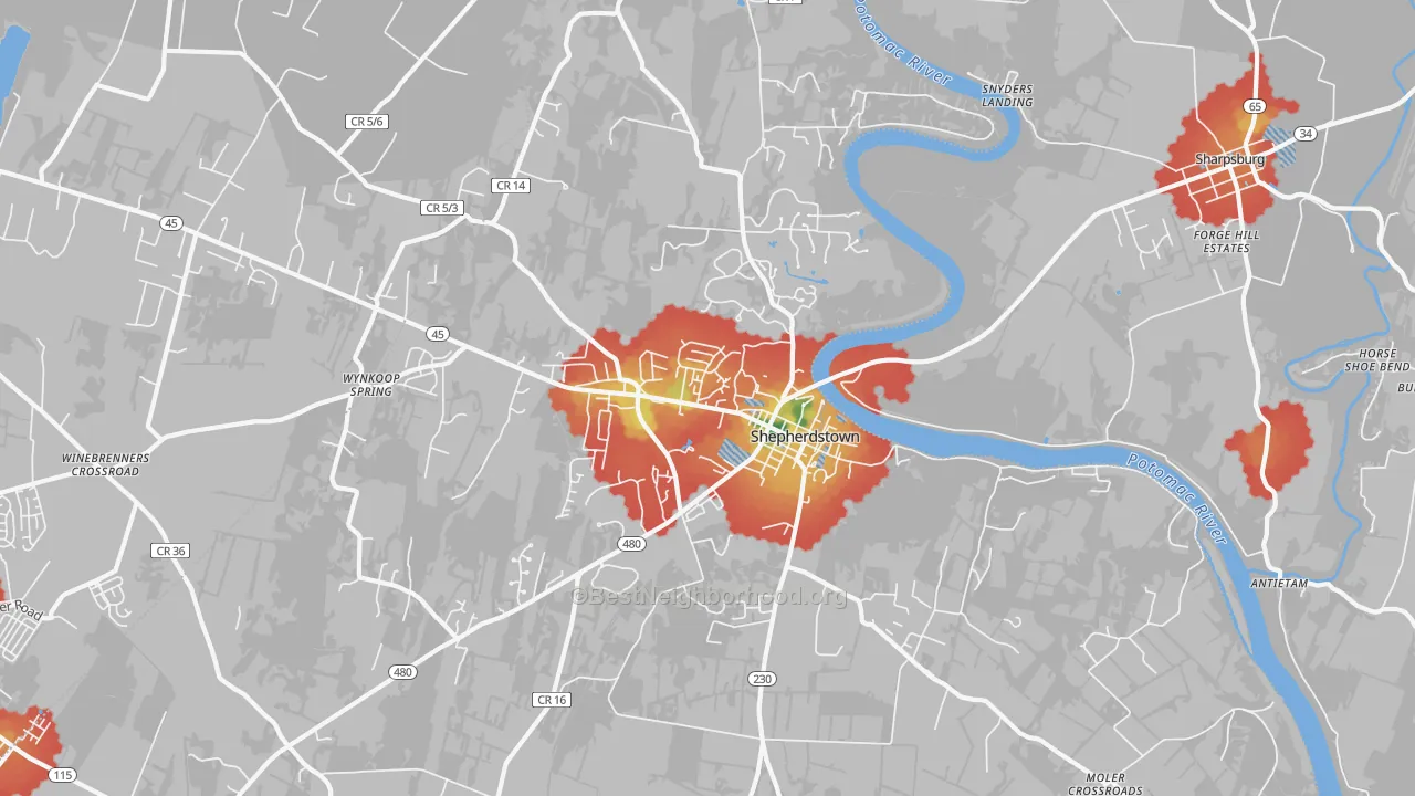 Walk Grade map of 25443, WV, walkable areas in green and car-dependent areas in red