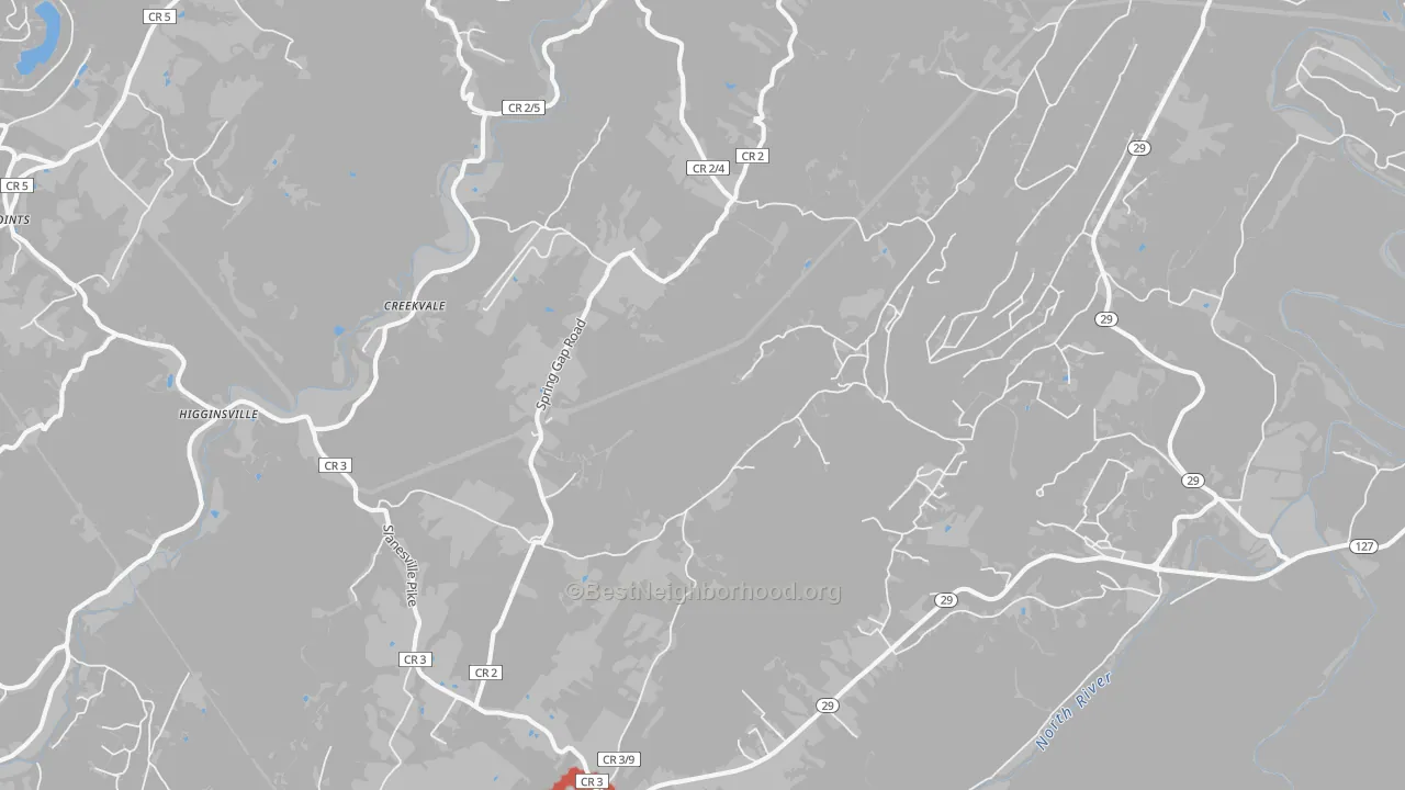 Walk Grade map of 25444, WV, walkable areas in green and car-dependent areas in red