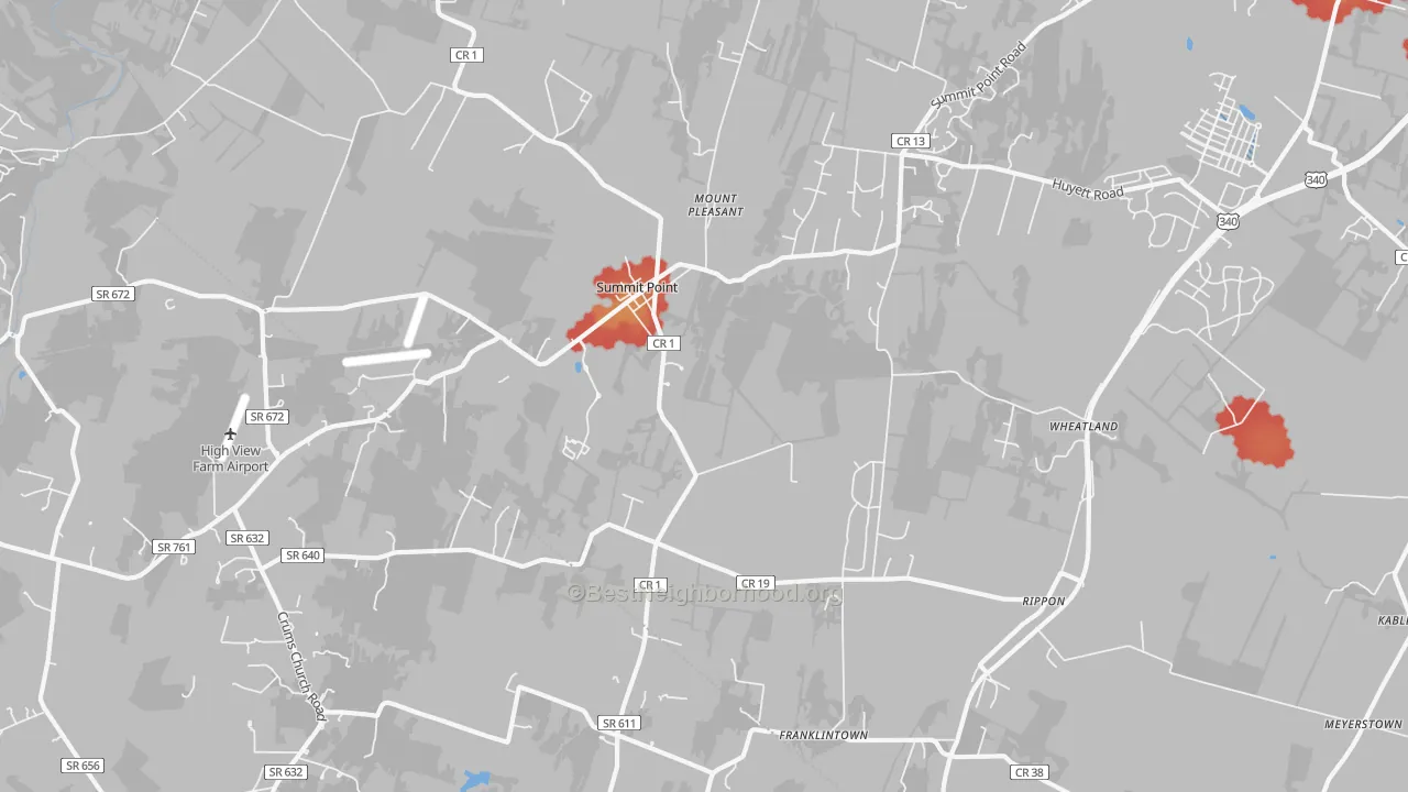 Walk Grade map of 25446, WV, walkable areas in green and car-dependent areas in red