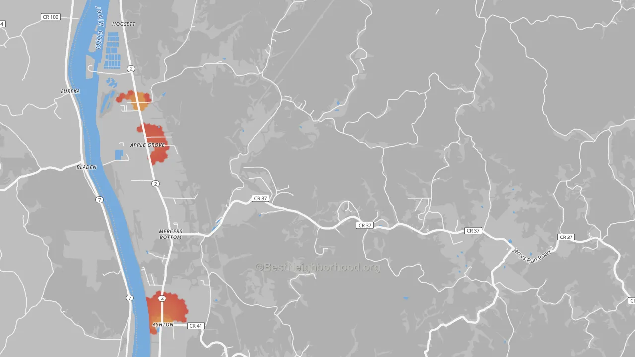 Walk Grade map of 25502, WV, walkable areas in green and car-dependent areas in red