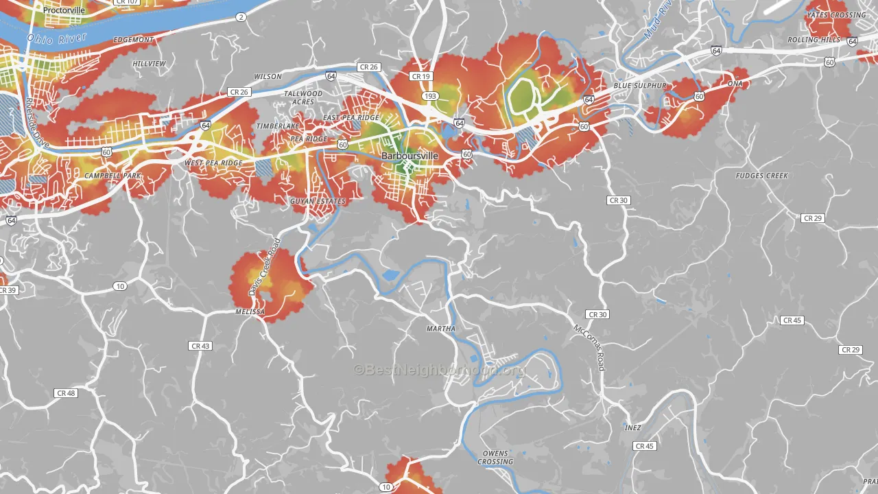 Walk Grade map of 25504, WV, walkable areas in green and car-dependent areas in red