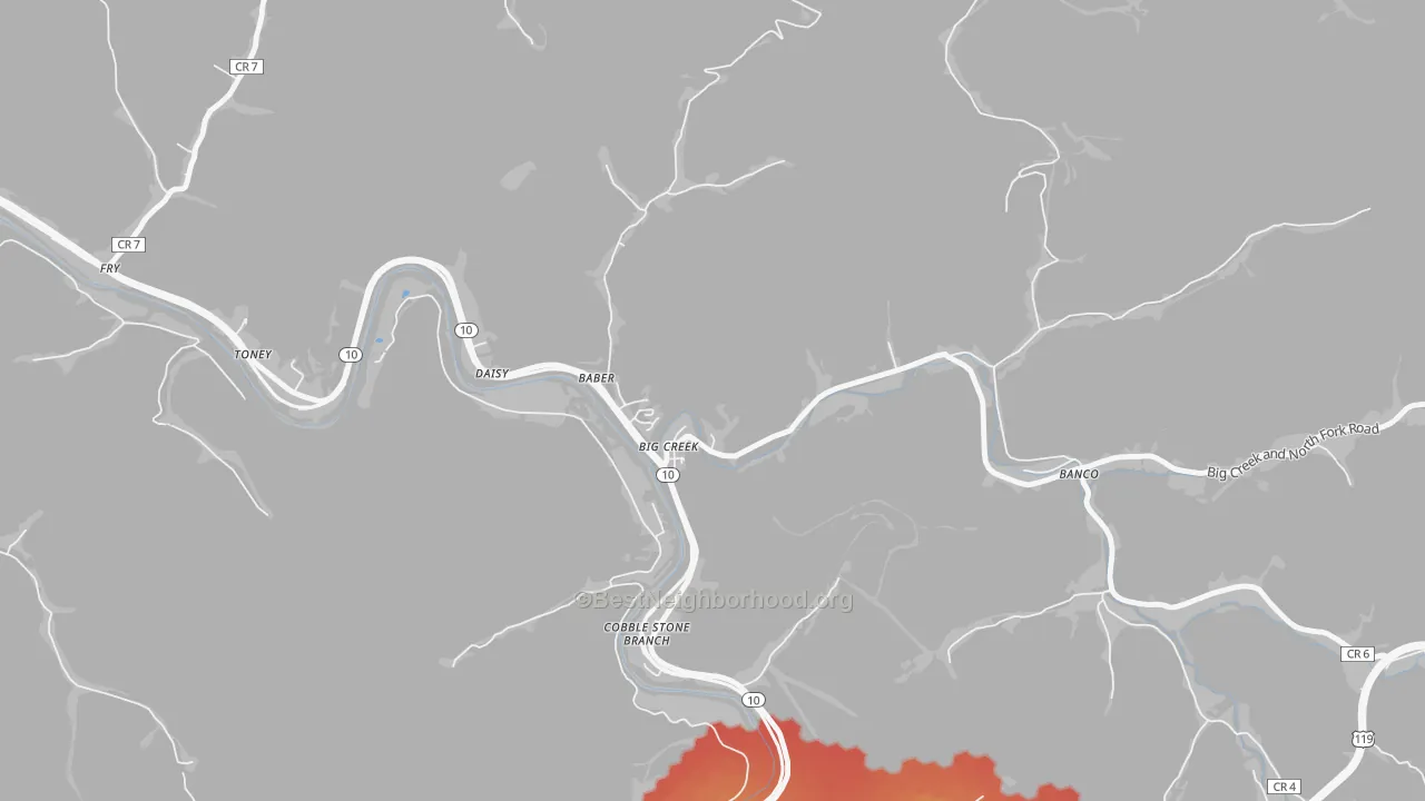 Walk Grade map of 25505, WV, walkable areas in green and car-dependent areas in red