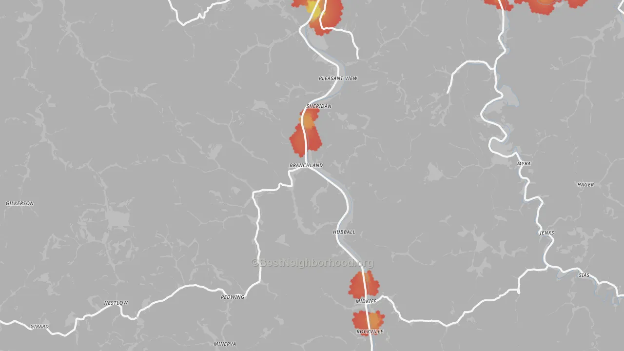 Walk Grade map of 25506, WV, walkable areas in green and car-dependent areas in red