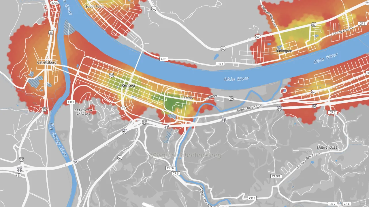 Walk Grade map of 25507, WV, walkable areas in green and car-dependent areas in red