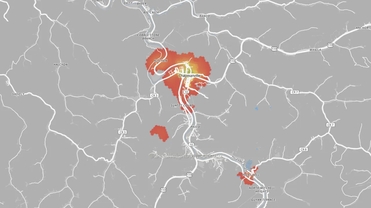 Walk Grade map of 25508, WV, walkable areas in green and car-dependent areas in red