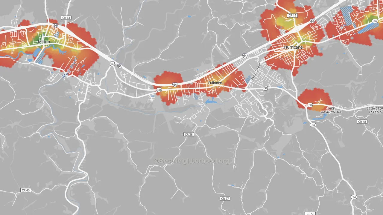 Walk Grade map of 25510, WV, walkable areas in green and car-dependent areas in red