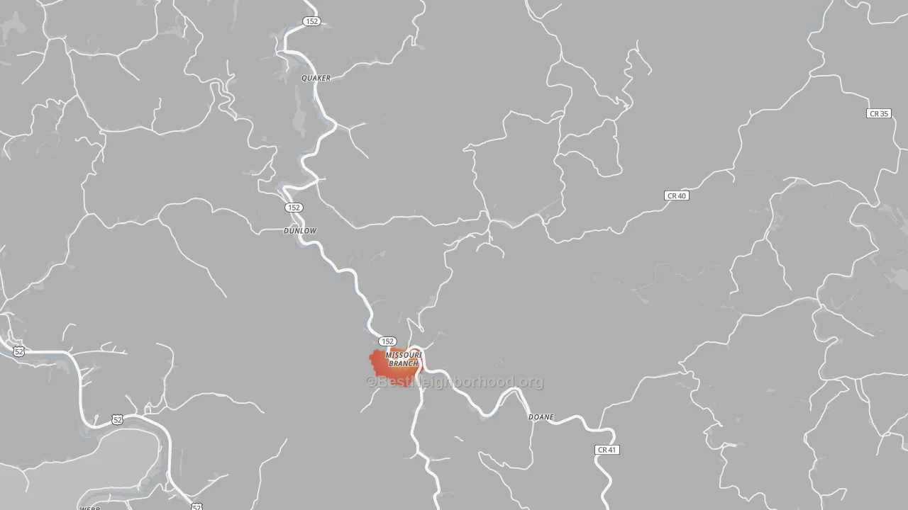 Walk Grade map of 25511, WV, walkable areas in green and car-dependent areas in red