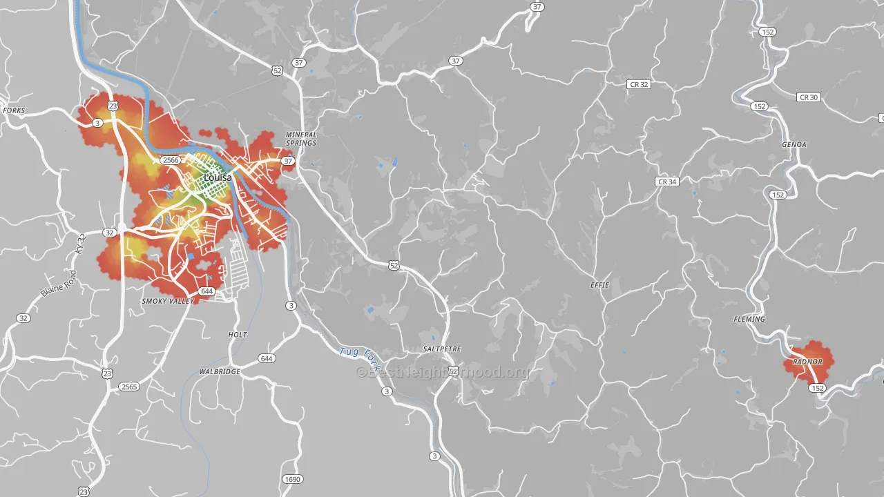 Walk Grade map of 25514, WV, walkable areas in green and car-dependent areas in red