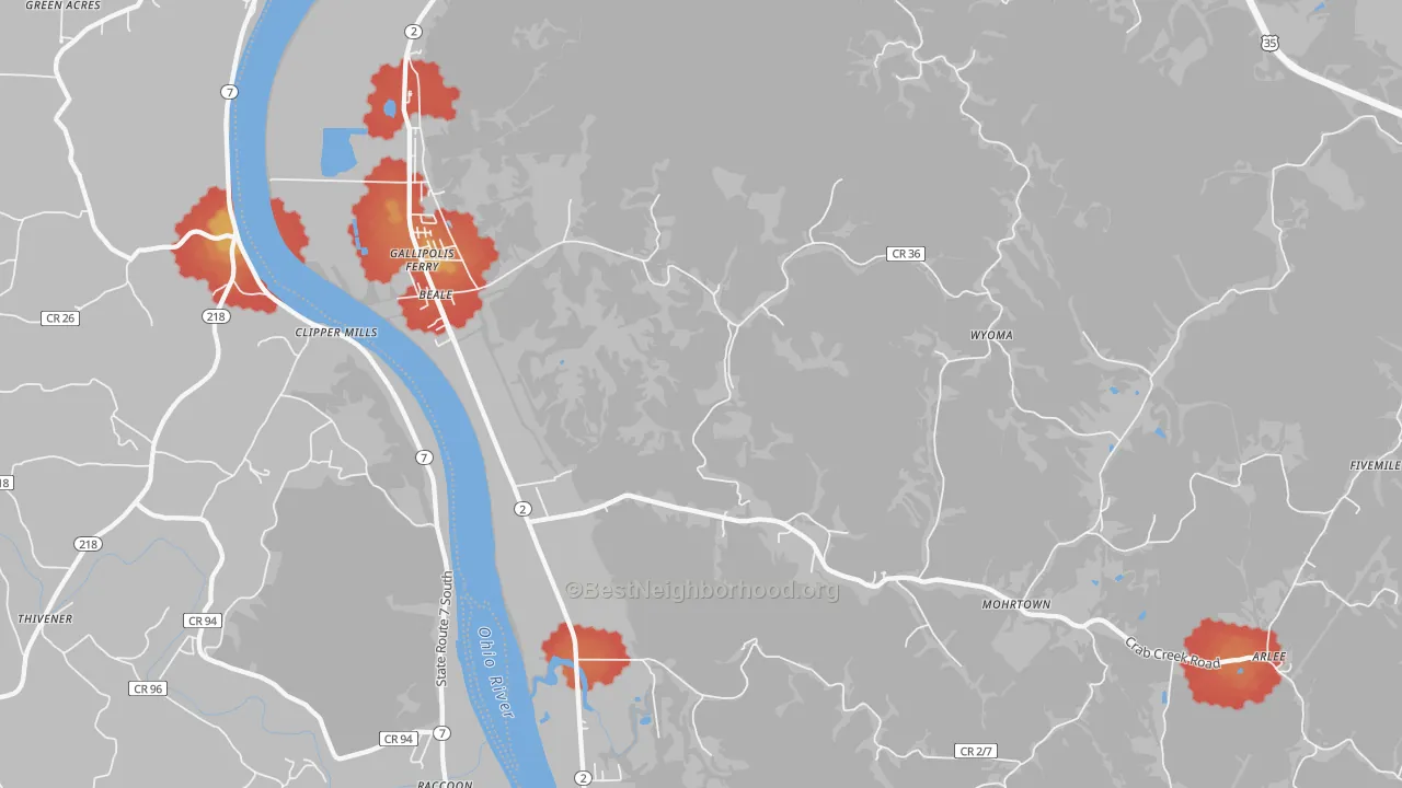 Walk Grade map of 25515, WV, walkable areas in green and car-dependent areas in red