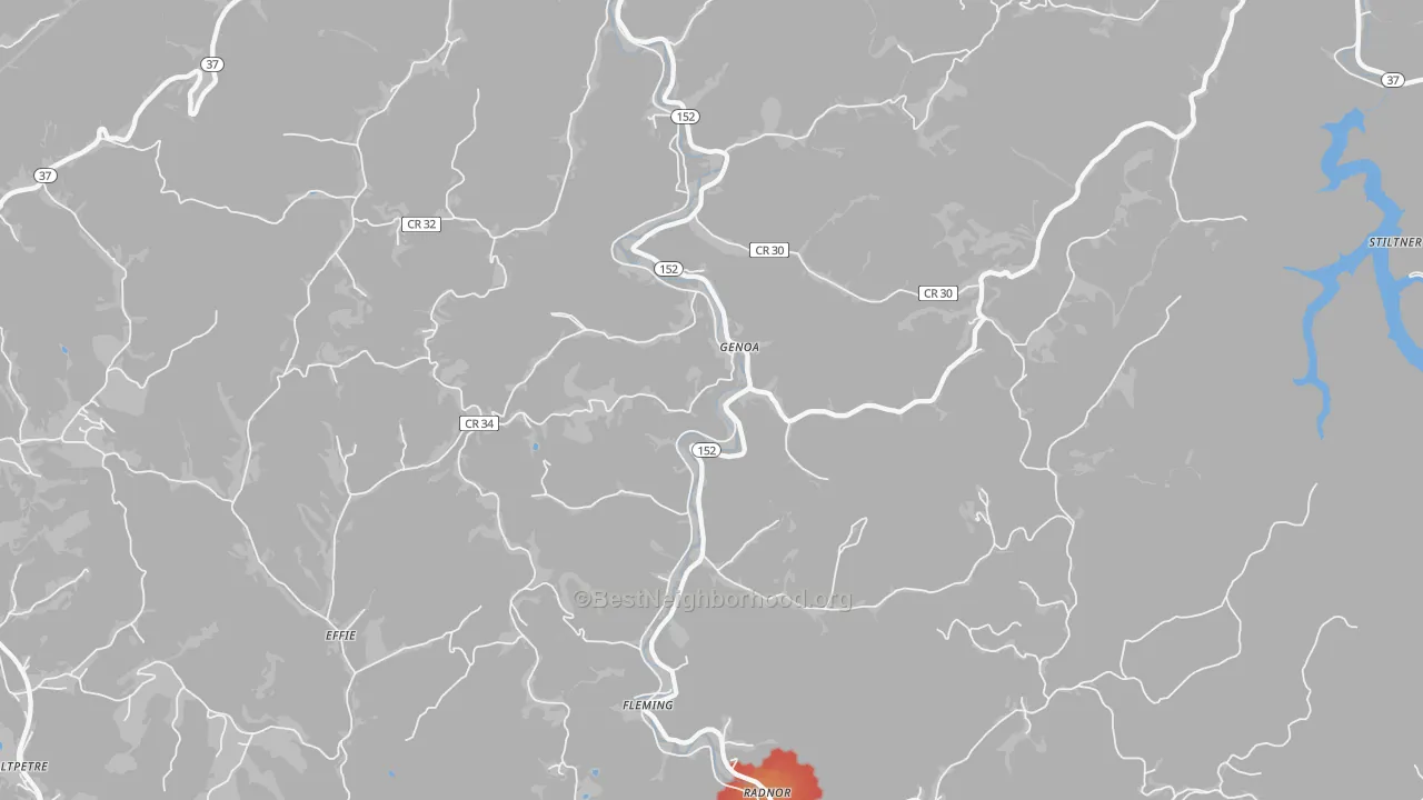 Walk Grade map of 25517, WV, walkable areas in green and car-dependent areas in red