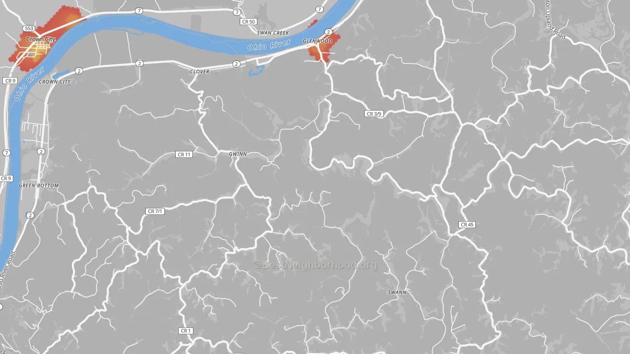 Walk Grade map of 25520, WV, walkable areas in green and car-dependent areas in red