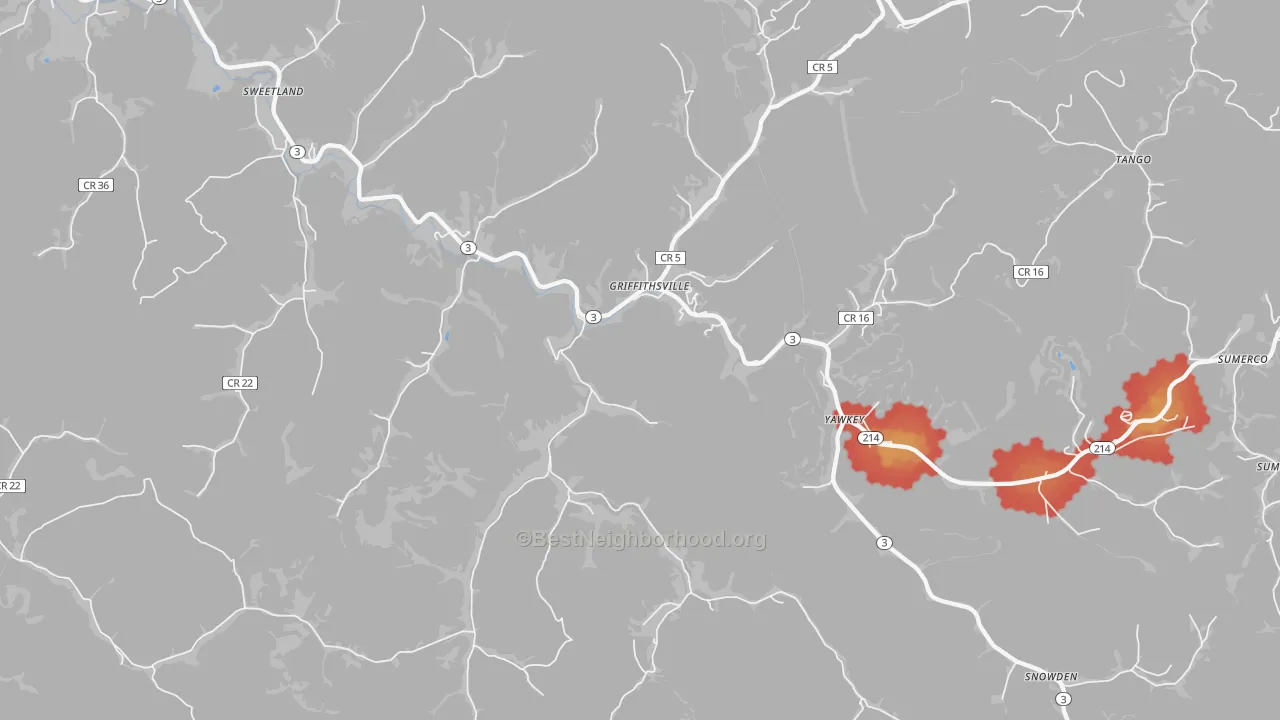 Walk Grade map of 25521, WV, walkable areas in green and car-dependent areas in red
