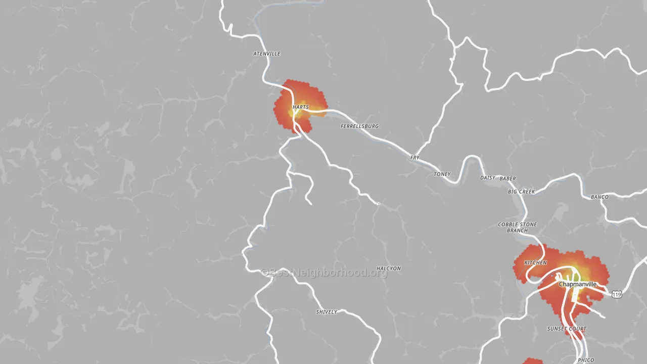 Walk Grade map of 25524, WV, walkable areas in green and car-dependent areas in red