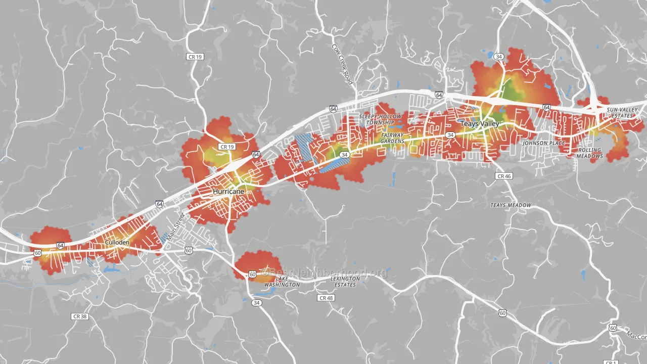 Walk Grade map of 25526, WV, walkable areas in green and car-dependent areas in red
