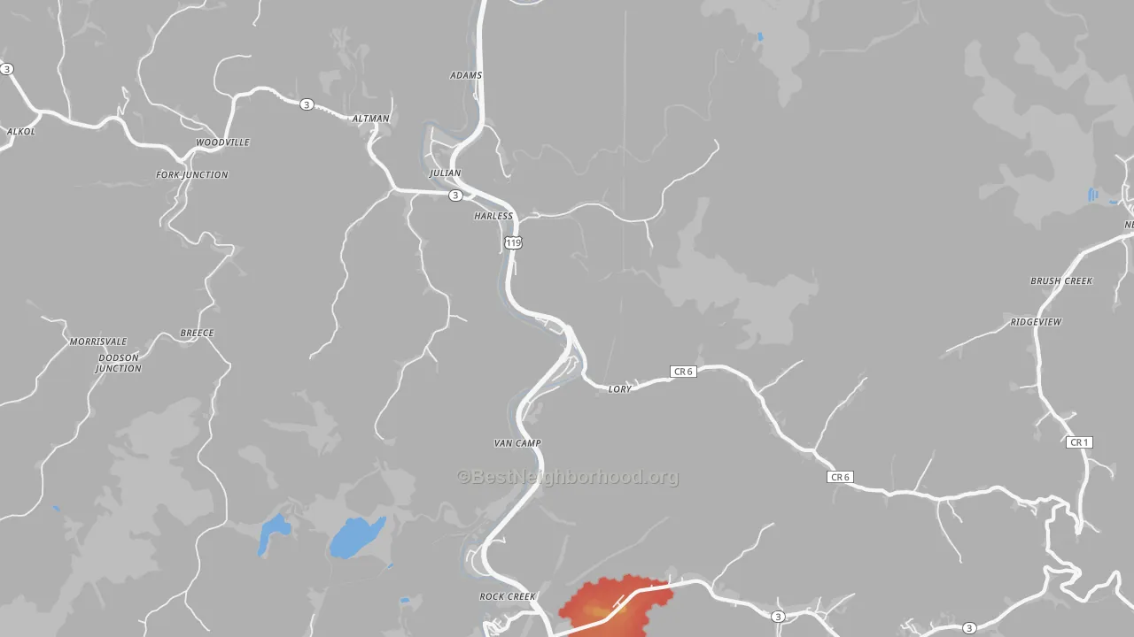 Walk Grade map of 25529, WV, walkable areas in green and car-dependent areas in red