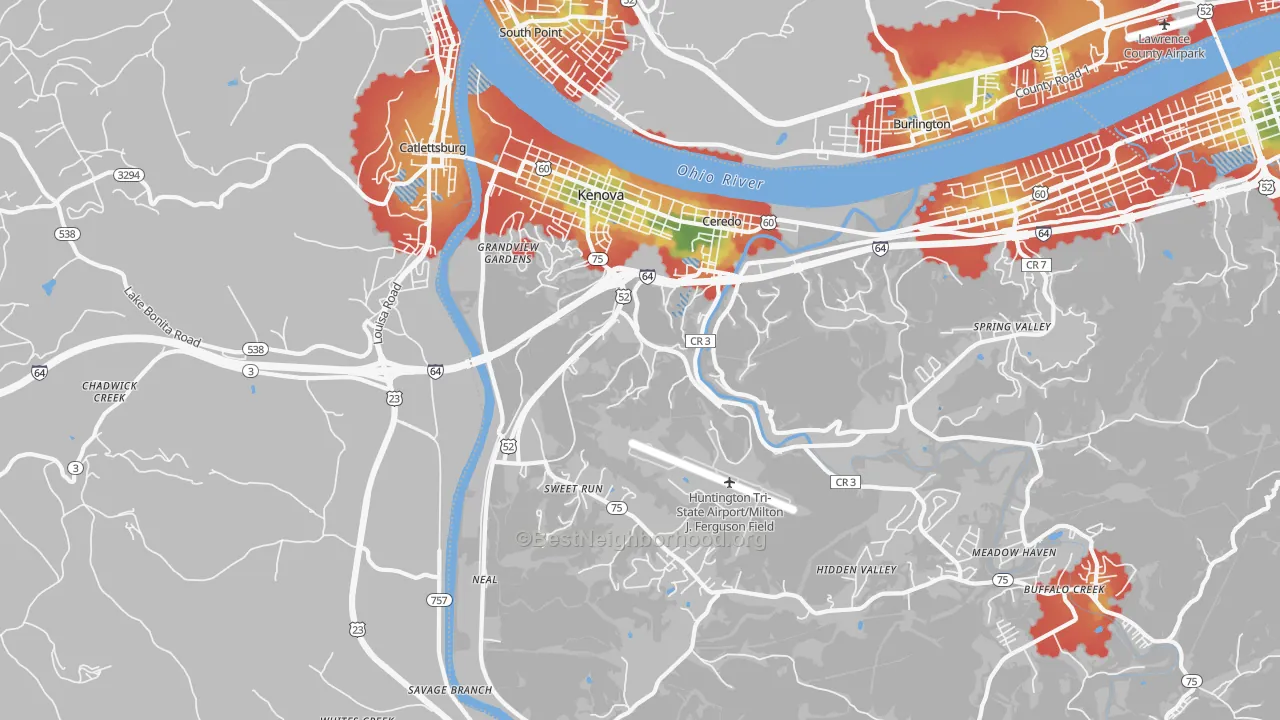 Walk Grade map of 25530, WV, walkable areas in green and car-dependent areas in red