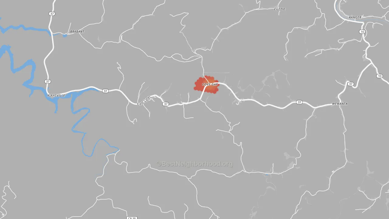 Walk Grade map of 25534, WV, walkable areas in green and car-dependent areas in red