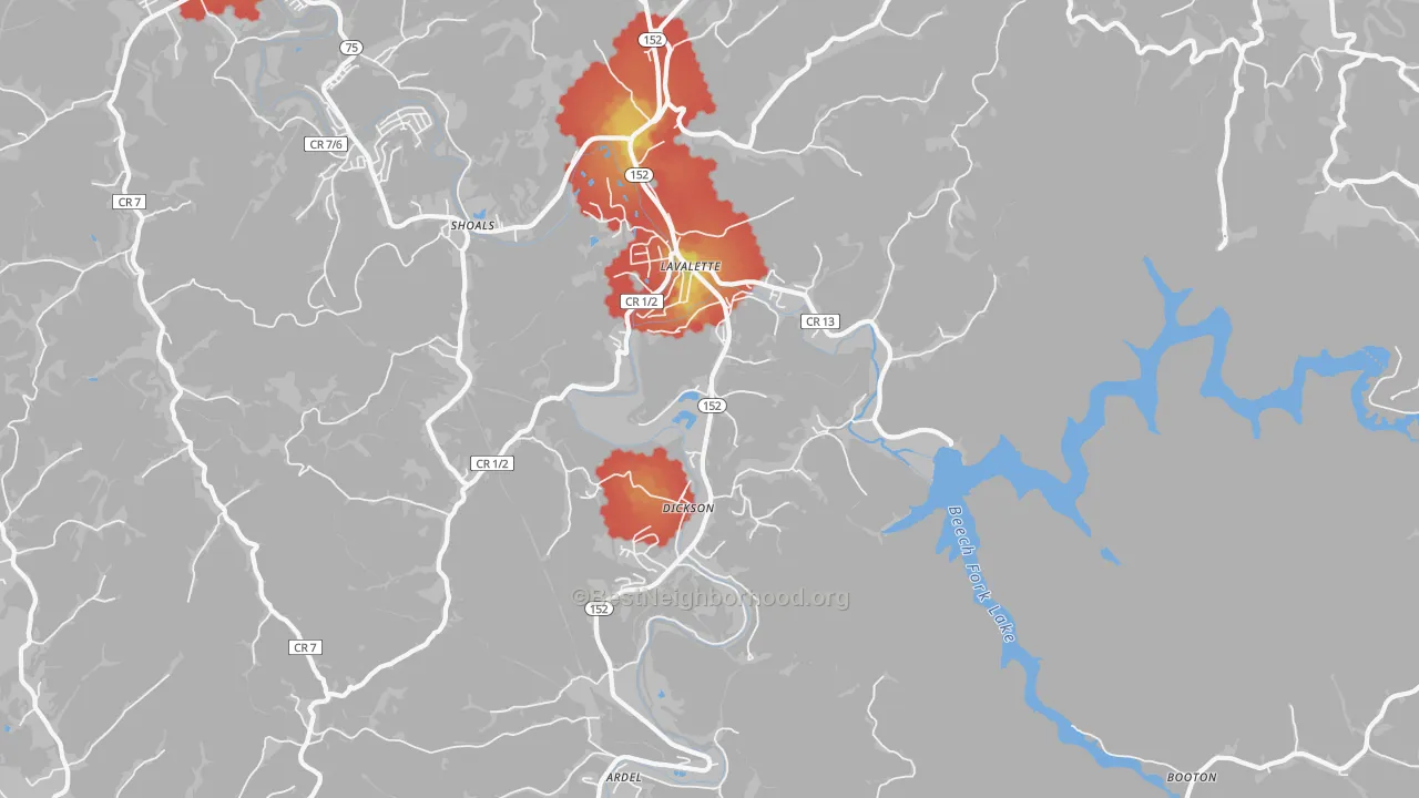 Walk Grade map of 25535, WV, walkable areas in green and car-dependent areas in red