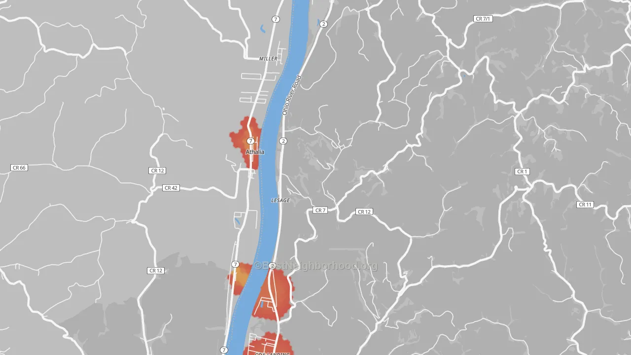 Walk Grade map of 25537, WV, walkable areas in green and car-dependent areas in red