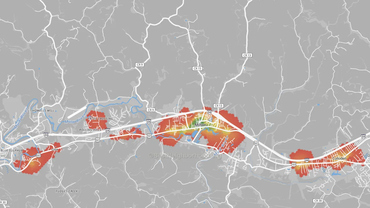 Walk Grade map of 25541, WV, walkable areas in green and car-dependent areas in red