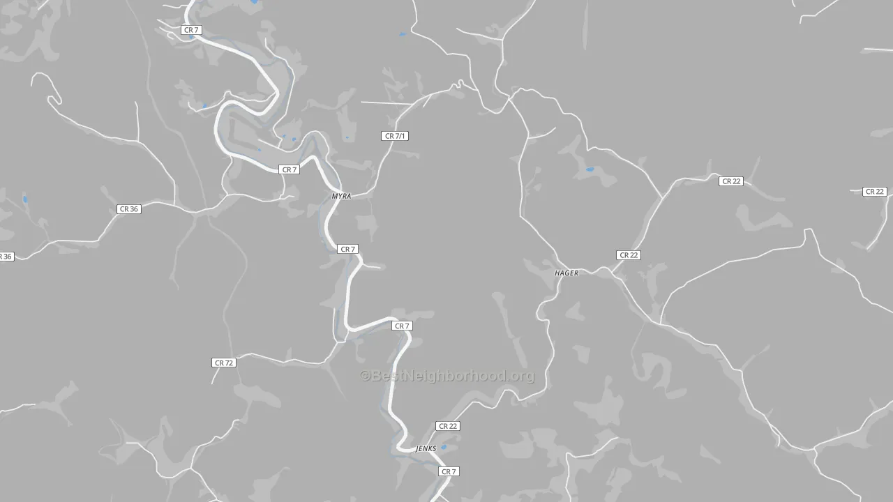 Walk Grade map of 25544, WV, walkable areas in green and car-dependent areas in red