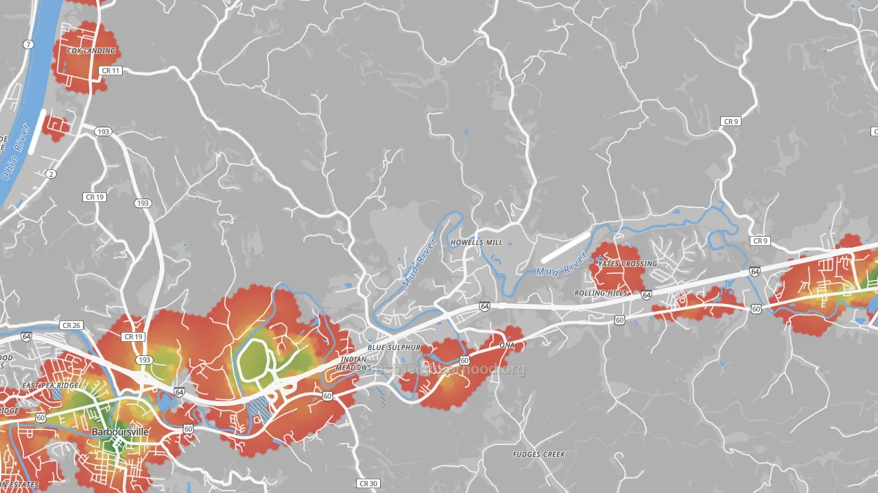 Walk Grade map of 25545, WV, walkable areas in green and car-dependent areas in red
