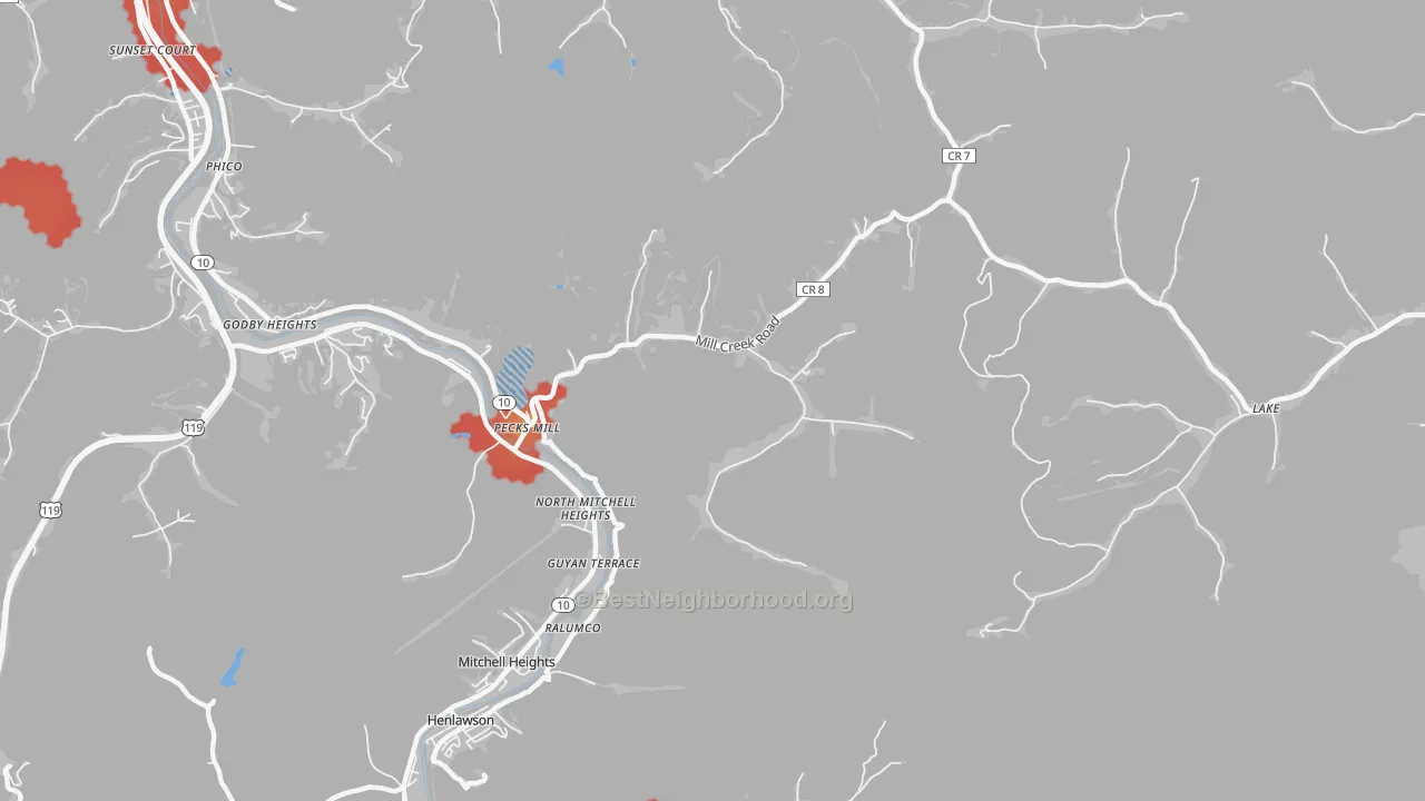 Walk Grade map of 25547, WV, walkable areas in green and car-dependent areas in red