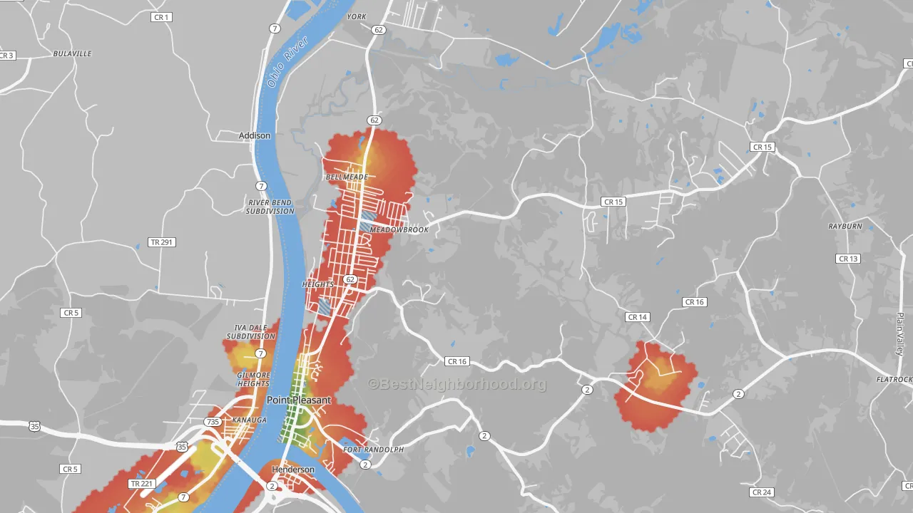 Walk Grade map of 25550, WV, walkable areas in green and car-dependent areas in red
