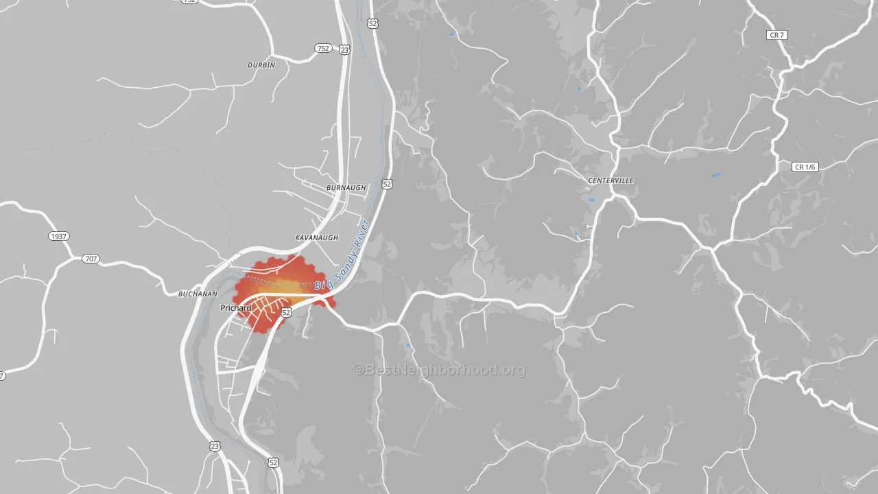 Walk Grade map of 25555, WV, walkable areas in green and car-dependent areas in red