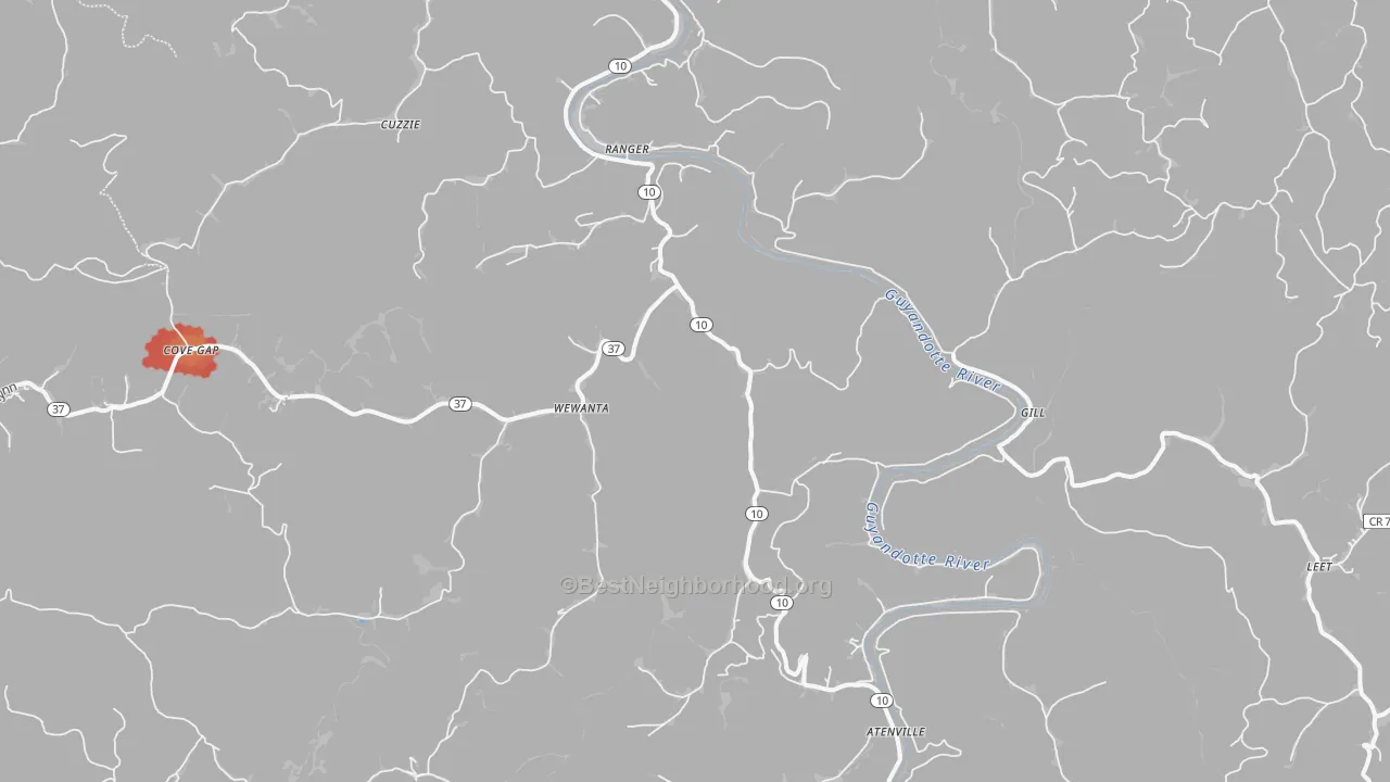 Walk Grade map of 25557, WV, walkable areas in green and car-dependent areas in red
