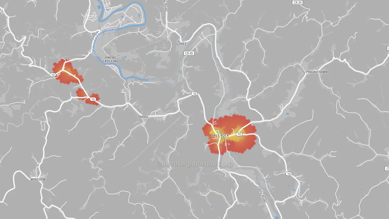Walk Grade map of 25559, WV, walkable areas in green and car-dependent areas in red