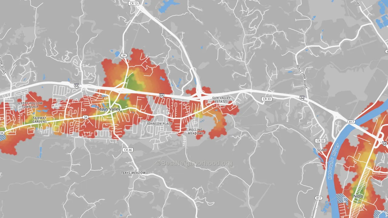 Walk Grade map of 25560, WV, walkable areas in green and car-dependent areas in red