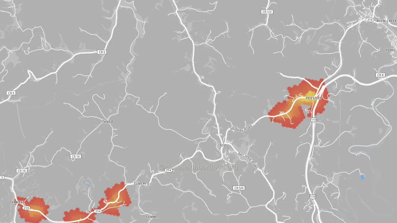 Walk Grade map of 25564, WV, walkable areas in green and car-dependent areas in red